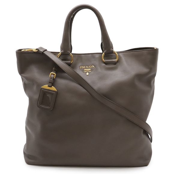 Prada Tote Bag Large Tote 2WAY Shoulder Bag Leather Bambu' Gray Gold Hardware - Picture 1 of 9